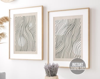 Abstract Line Art Beige Ensemble de 2 estampes, Art imprimable, Impressions d’art mural de chambre neutre beige, Décoration murale de chambre à coucher, Décoration murale beige neutre