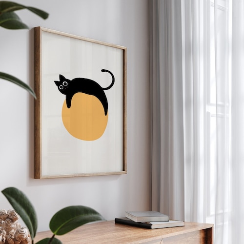 Dessin de chat, illustration de chaton, affiche de chat qui dort, art mural moderne, chat rigolo, art moderne Mid-Century, art mural, art minimaliste, série