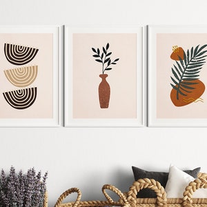 Boho Wall Art Set Of 3, Mid Century Modern Print Set, Abstract Shapes, Neutral Minimalist Wall Decor, Boho Gallery Wall Art, Serial Poster