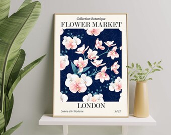 Lámina artística del mercado de flores de Londres, flores silvestres botánicas, estilo moderno de mediados de siglo.