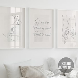 Schlafzimmer Wanddeko, Line Art 3er Set, Liebhaber Poster, minimalistische Wandkunst, digitaler Download, 3er Set Drucke, druckbare Poster Wohnzimmer
