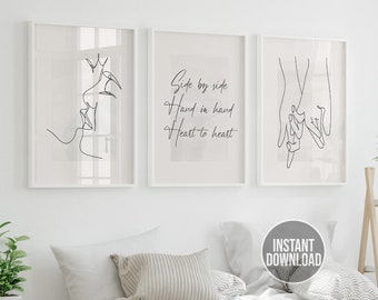 Bedroom Wall Decor, Line Art Set of 3, Lovers Posters, Minimalist Wall Art, Digital Download, Set of 3 Prints, Living Room Printable Posters