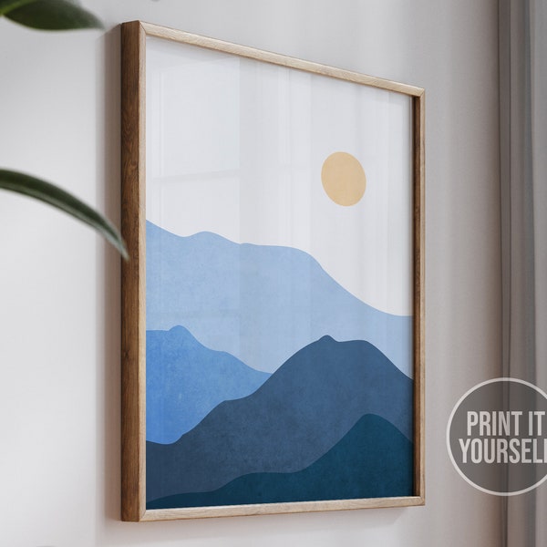 Mid Century Modern Landscape Poster, Blue Mountain, Sunset Art Print, Minimalist Abstract, Minimalist Abstract Wall Decor, Digital Art Print