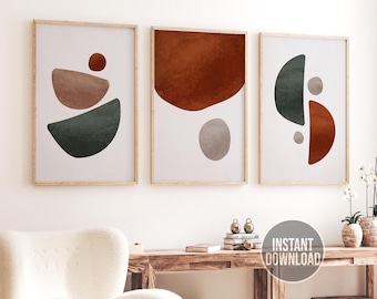 Conjunto de arte de pared moderno de mediados de siglo de 3, conjunto de impresión de arte digital abstracto, decoración de pared de sala de estar imprimible, arte de pared de galería Boho, arte imprimible