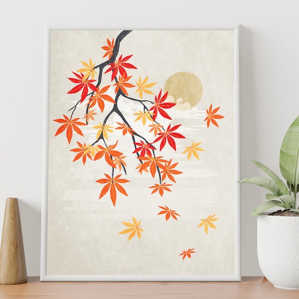 Japanese Maple, Colorful Botanical Print , Autumn Art Print, Beautiful Tree, Colorful Foliage, Nature Art Print,Japan Landscape,SerialPoster