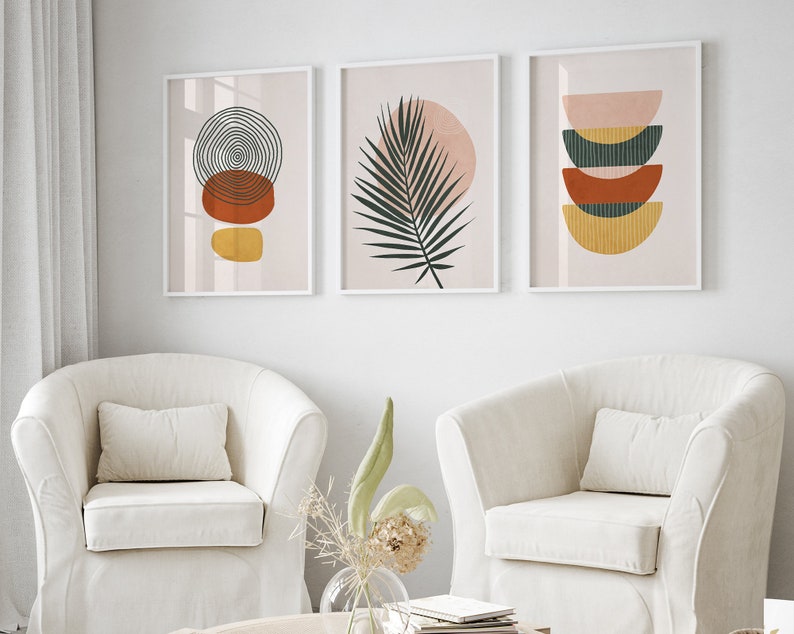 Mid Century Modern Wall Art Set of 3, Boho Print Set, Abstract Shapes ...
