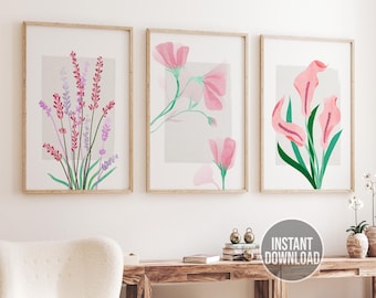 Botanical Wall Art, Set of 3 Pink Flowers Prints, Neutral Wall Art Prints, Minimalist Printable Art, Instant Download, Living Room Wall Art