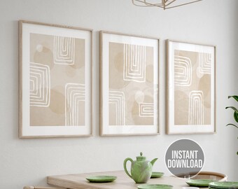 Impresiones de arte de pared de dormitorio imprimibles, arte neutro beige, conjunto beige geométrico abstracto de 3 grabados, decoración de la pared del dormitorio, decoración de pared beige neutro