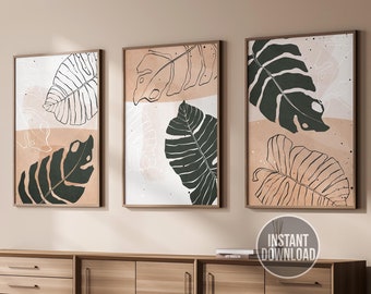 Tropical Wall Art Set, Poster botanico stampabile, Sage Green Abstract Shapes, Botanical Wall Decor, Printable Wall Art, Tropical Leaves Art