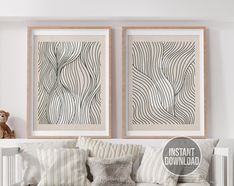 Abstract Line Art Beige Ensemble de 2 estampes, Art imprimable, Impressions d’art mural de chambre neutre beige, Décoration murale de chambre à coucher, Décoration murale beige neutre