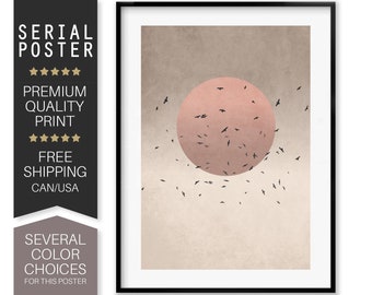Impression d'art soleil et oiseaux, paysage moderne Mid-Century, design scandinave