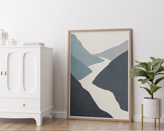 Minimalist Mountain River Art Print, Mid Century Modern Landscape
