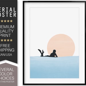 Chica surfista al atardecer, Cartel de longboard, Arte de surf, Impresión de longboard de surf, Cartel del océano, Arte moderno, Impresión de surf, Ilustración de surf, SerialPoster