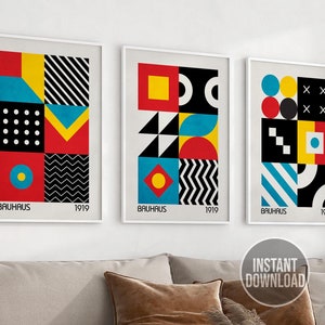 Bauhaus Prints Set of 3, Printable Wall Art Prints, 3 Bauhaus Poster Set, Mid Century Modern, Digital Download, Abstract Minimalist Wall Art