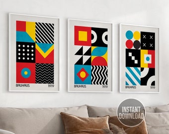 Bauhaus Prints Set of 3, Printable Wall Art Prints, 3 Bauhaus Poster Set, Mid Century Modern, Digital Download, Abstract Minimalist Wall Art
