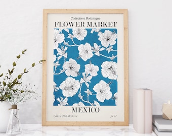 Lámina artística del mercado de flores de México, póster botánico floral.