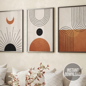Mid Century Art Prints Set of 3, Boho Modern Wall Art Decor, Minimalist Digital Prints, Boho Style Art Prints, Earth Tone Art, Black Rainbow