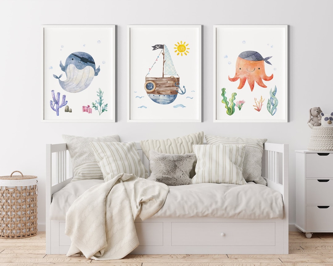 Marine Life Nursery Wall Prints Set of 3 Pirate Nursery Prints Cute