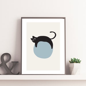 Dibujo de gato, ilustración de gatito, póster de gato durmiendo, arte de pared moderno, gato gracioso, arte moderno de mediados de siglo, arte de pared, arte minimalista, póster en serie Blue