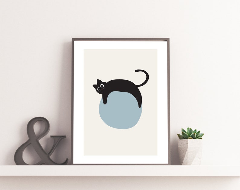 Dibujo de gato, ilustración de gatito, póster de gato durmiendo, arte de pared moderno, gato gracioso, arte moderno de mediados de siglo, arte de pared, arte minimalista, póster en serie Blue