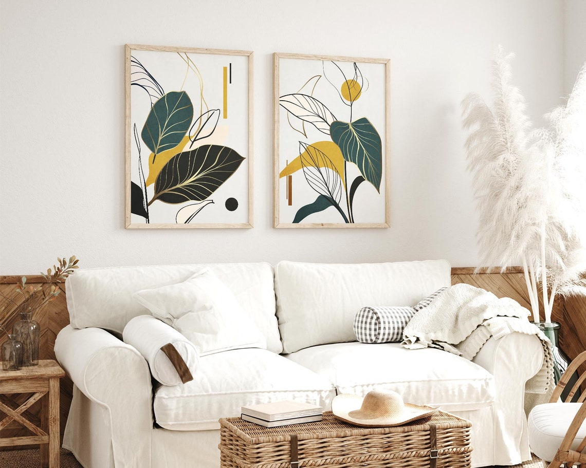 Set of 2 Modern Art Botanical Prints, Living Room Wall Art, Bedroom ...