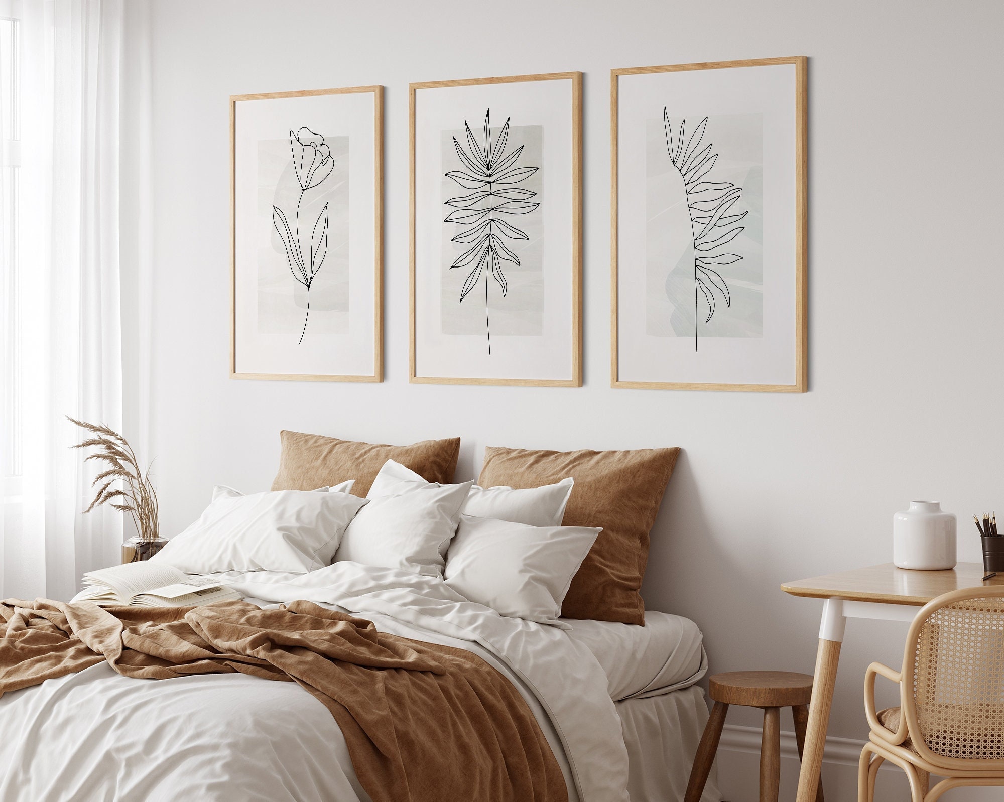 Botanical Line Art Prints, Beige Neutral Decor, Set of 3 - Etsy