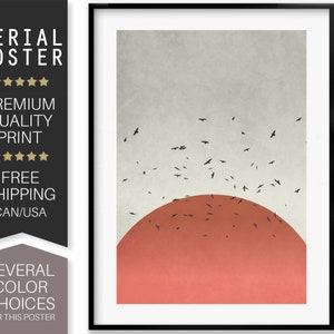 Mid Century Art, Colorful Landscape, Rising Sun Birds Design, Colorful Poster, Flying Birds, Modern Art, Scandinavian Design, Serial Poster