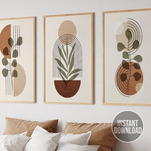 Boho Botanical Wall Art, Set of 3 Prints, Beige, Green, Terracotta, Boho Wall Art, Digital Download, Mid Century Wall Art,Natural Wall Print