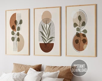 May include: Three minimalist art prints with a neutral background and geometric shapes in shades of brown and beige. Each print features a stylized green plant with a brown pot.