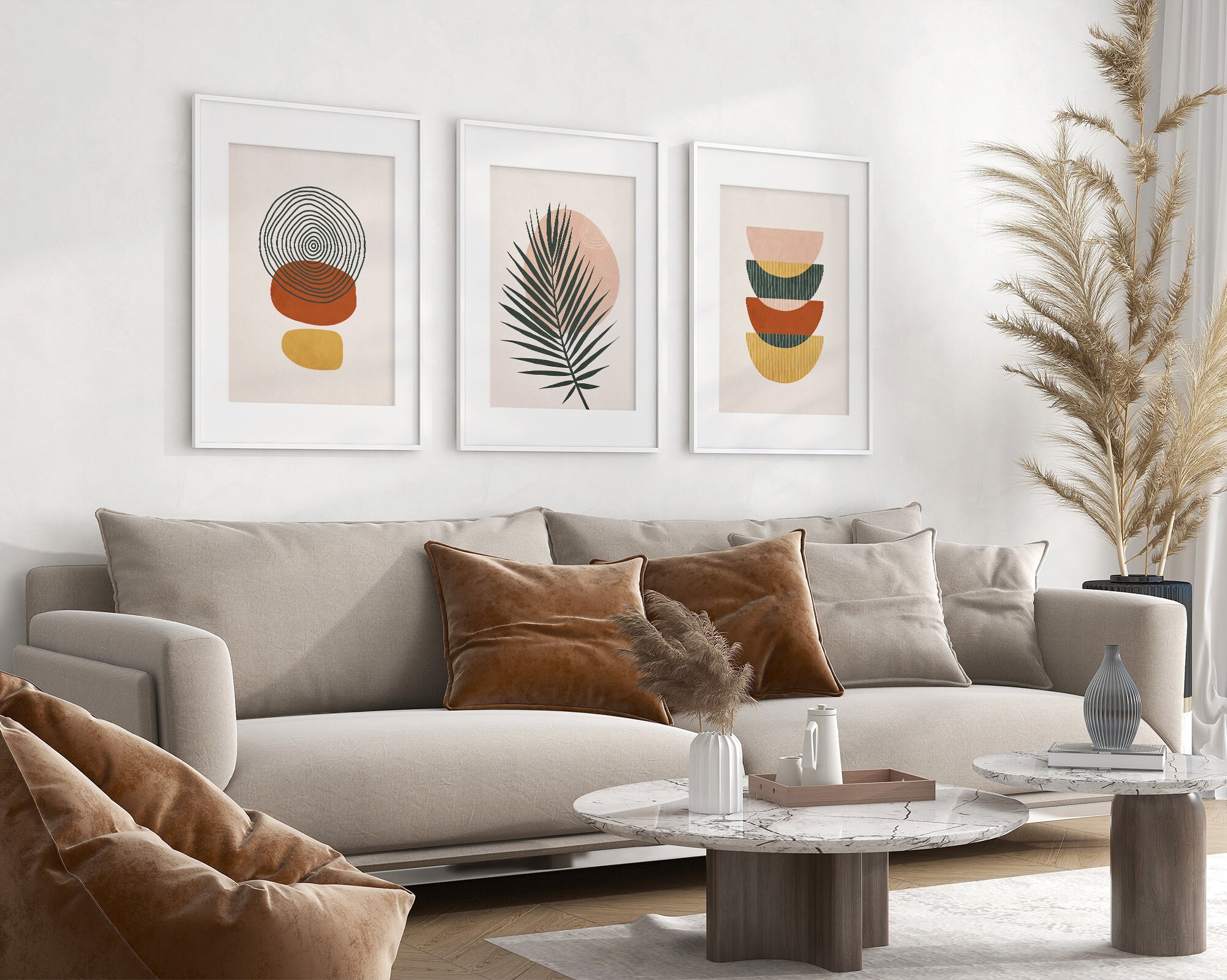 Mid Century Modern Wall Art Set of 3, Boho Print Set, Abstract Shapes ...