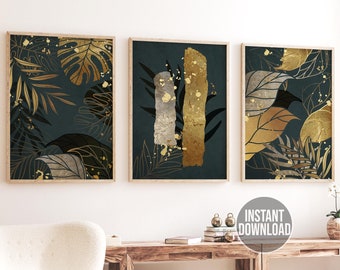 Set di arte da parete tropicale, poster botanico stampabile, forme astratte verdi selvagge, decorazione da parete botanica, arte da parete stampabile, arte con foglie tropicali