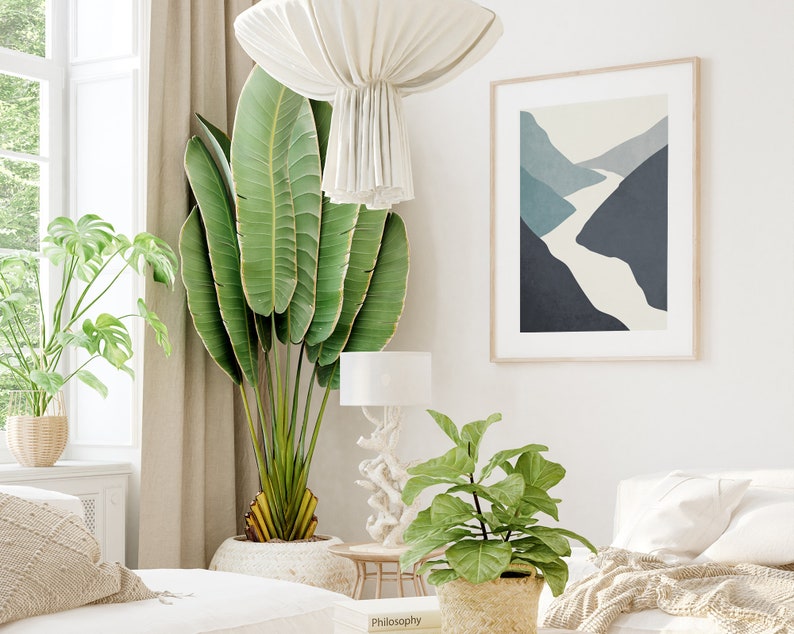 Op de afbeelding: Een witte bank met een beige deken en witte kussens in een woonkamer met een grote groene plant, een kleinere groene plant in een geweven mand, een witte lamp en een ingelijst abstract drukwerk van een blauw en wit landschap.