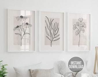 Set of 3 Beige Plant Prints, Botanical Line Art, Neutral Wall Art Prints, Minimalist Printable Art, Instant Download, Living Room Wall Decor