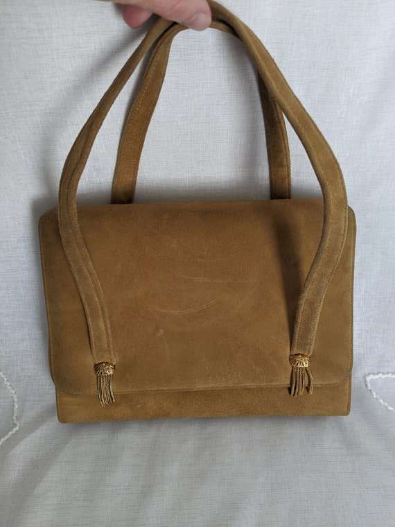 Vintage tan suede leather handbag with gold chain… - image 2