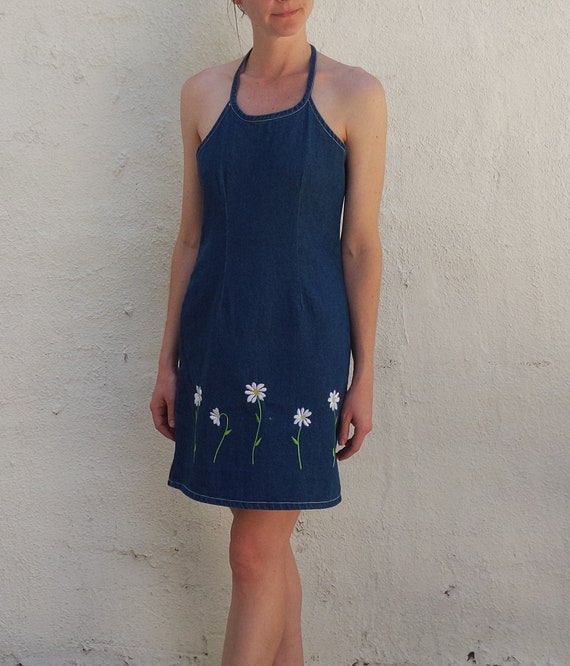 Vintage Denim Halter Dress With Daisy Embroidery Etsy