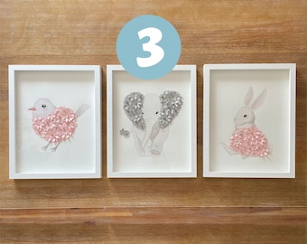 Restoration Hardware Replica Watercolor Baby Animals 3D Glass Framed Nursery Wall Art Paper Flower/Leaf 11x14- Set of 3