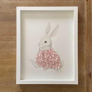 Restoration Hardware Replica Watercolor Baby Animals Hand-painted 3D Paper Flower OR Paper Leaf Nursery Glass Framed Wall Art 11x14 - Bunny