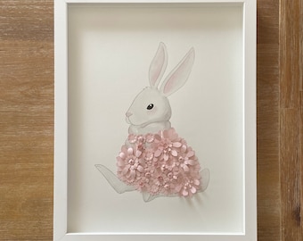 Restoration Hardware Replica Watercolor Baby Animals Hand-painted 3D Paper Flower OR Paper Leaf Nursery Glass Framed Wall Art 11x14 - Bunny