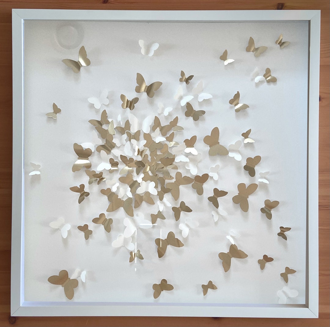 Paper White Acrylic Butterfly Wall Flying Framed 24x24 - Single Gold Cluster Etsy Art and Butterfly