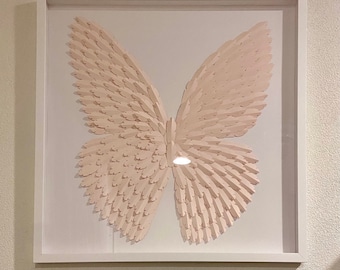 Restoration Hardware Replica Acrylic Framed Wall Art Paper Feather Butterfly Wings- Blush Rose Pink 24x24