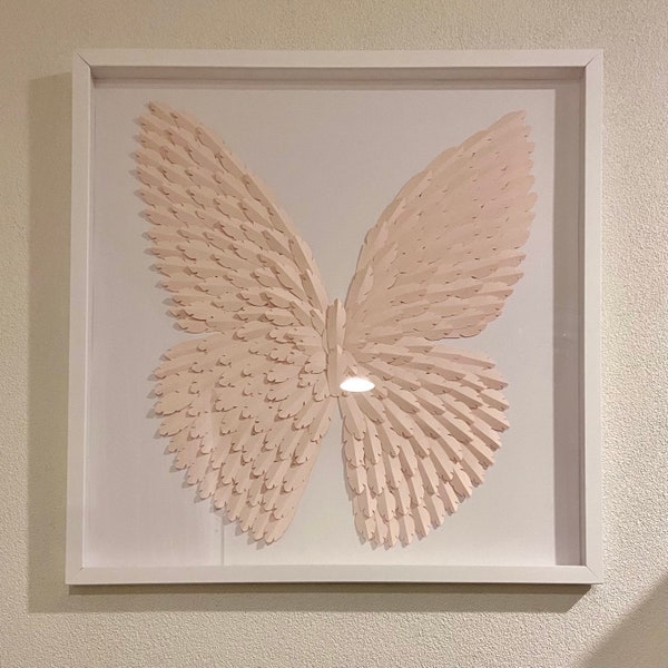 Restoration Hardware Replica Acrylic Framed Wall Art Paper Feather Butterfly Wings- Blush Rose Pink 24x24