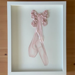 Original 3D Glass Framed Hand Painted Wall Art Flower Ballet Pointe Shoes w/ Folded Paper Flower Bow & Ribbon- 11x14