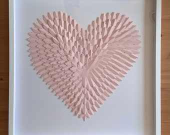 Restoration Hardware Replica Feathered Heart Acrylic Framed Paper Feather Wall Art- Single 24x24 Frame Pink, Gold, or Silver