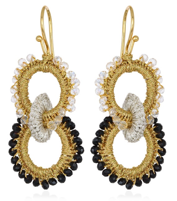 Ariadne earrings (aria05) Faceted black and transparent beads, gold plated silver base hook (925), gold and silver thread.