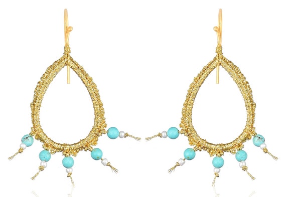Chloe earrings (chl10) Turquoise howlite, gold plated silver base (925) hook, white beads and gold thread.