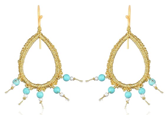 Chloe earrings (chl10) Turquoise howlite, gold plated silver base (925) hook, white beads and gold thread.