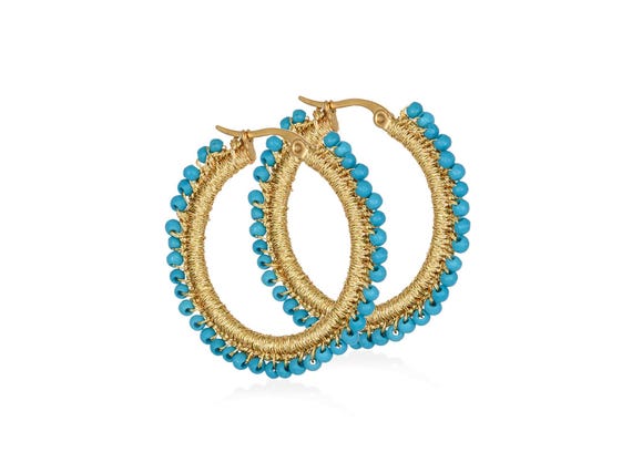 Aenaos Hoops Turquoise (aenh302) Steel hoops, howlite beads and gold thread.