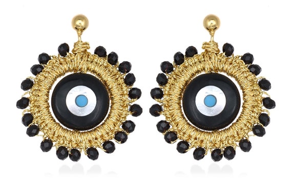 Callisti earrings (cal02) Evil eye, black crystal beads, gold plated ear studs with silver base (925) and gold thread.