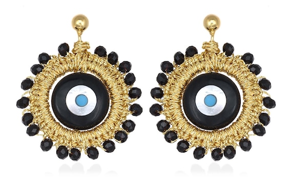 Callisti earrings (cal02) Evil eye, black crystal beads, gold plated ear studs with silver base (925) and gold thread.