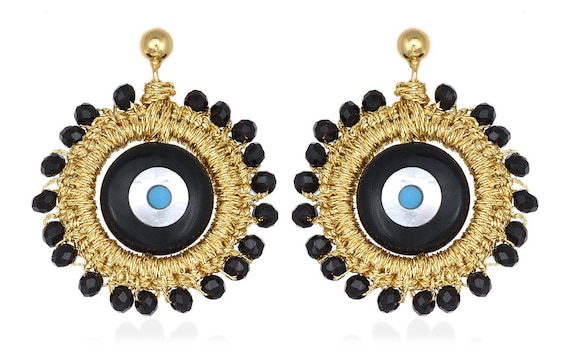 Callisti earrings (cal02) Evil eye, black crystal beads, gold plated ear studs with silver base (925) and gold thread.